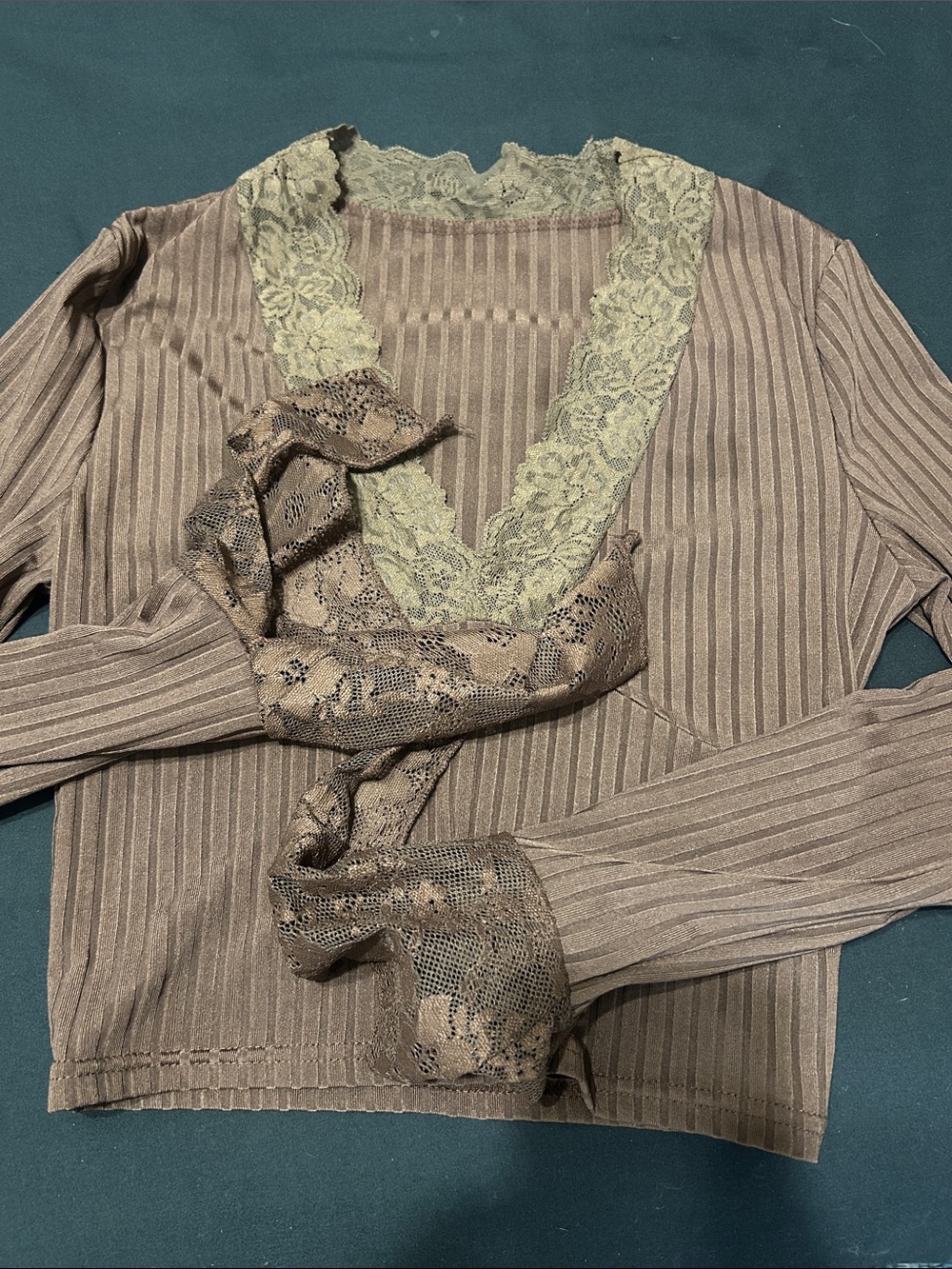 SHEIN Taupe Ribbed Lace-Trim V-Neck Top with Sage Lace
